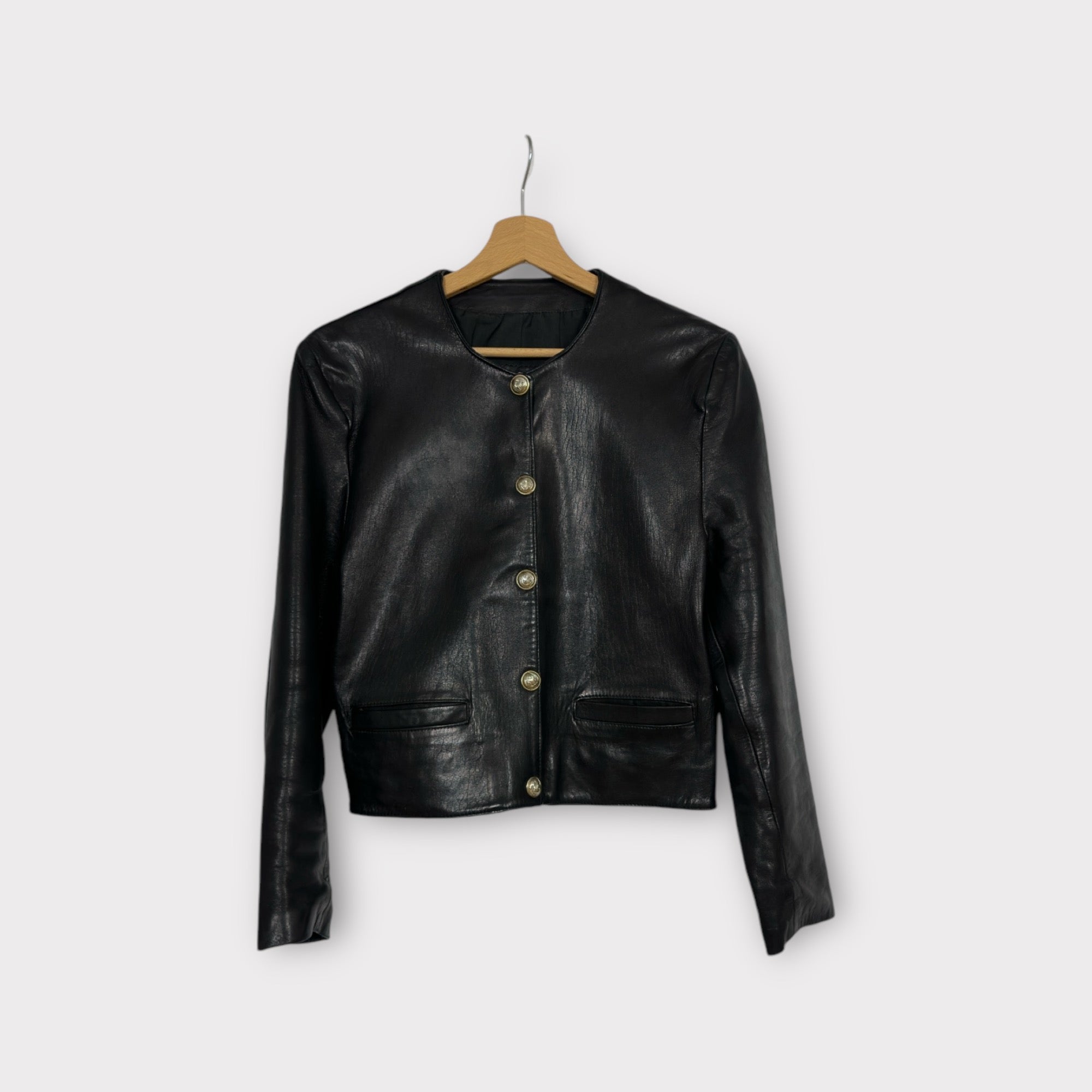 veste Manigance en cuir noir vintage années 80